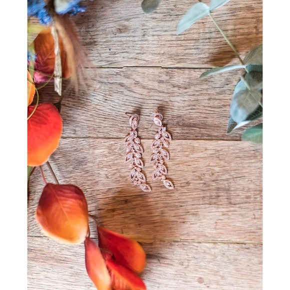 14K Gold Plated Leaflet Special Occasion Dangle Drop Earrings - Picture 6 of 10